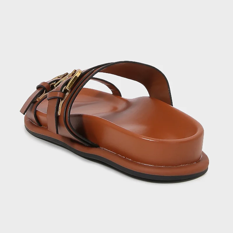 Retro Metal Belt Buckle Flat Slippers Women Comfortable Platform