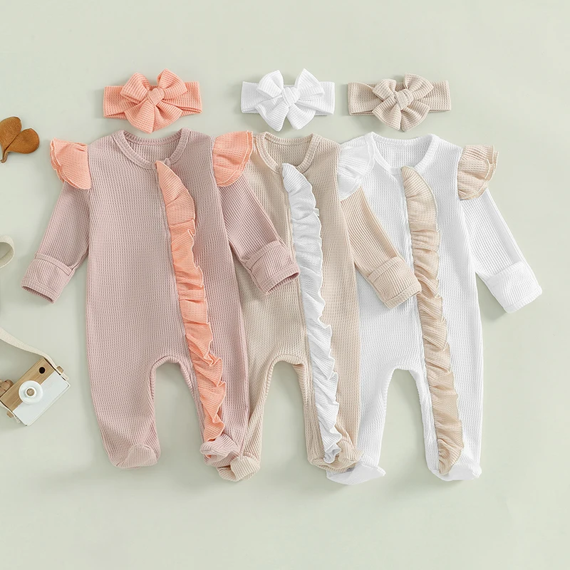 -05-11 Lioraitiin Baby Girls Outfit, Long Sleeve Crew Neck Frills Zipped Contrast Color Footies and Headband Fall Clothes
