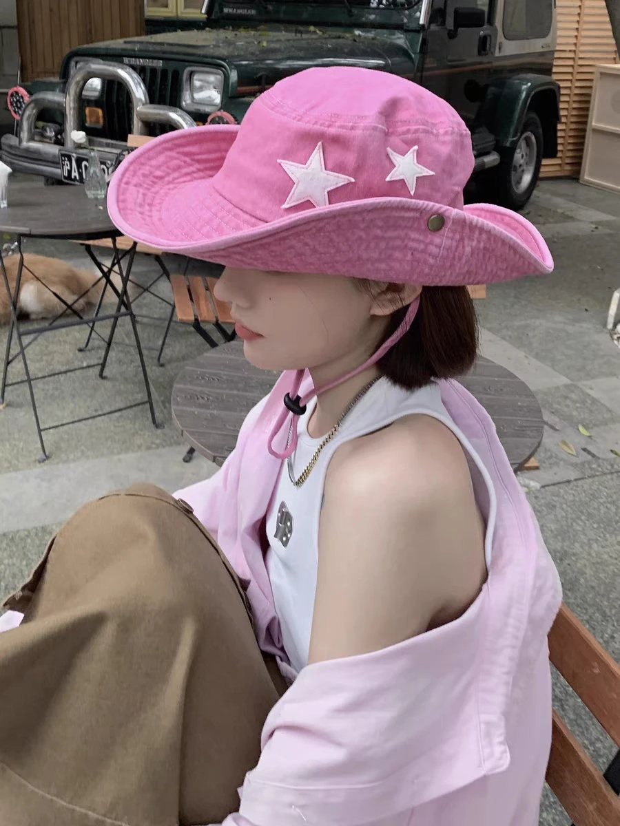 Žhavý výprodej růžových retro klobouků s velkou krempou, punkových hvězd Y2K, letních venkovních, slunečních, horolezeckých, kovbojských, ležérních, jazzových_voghion.com