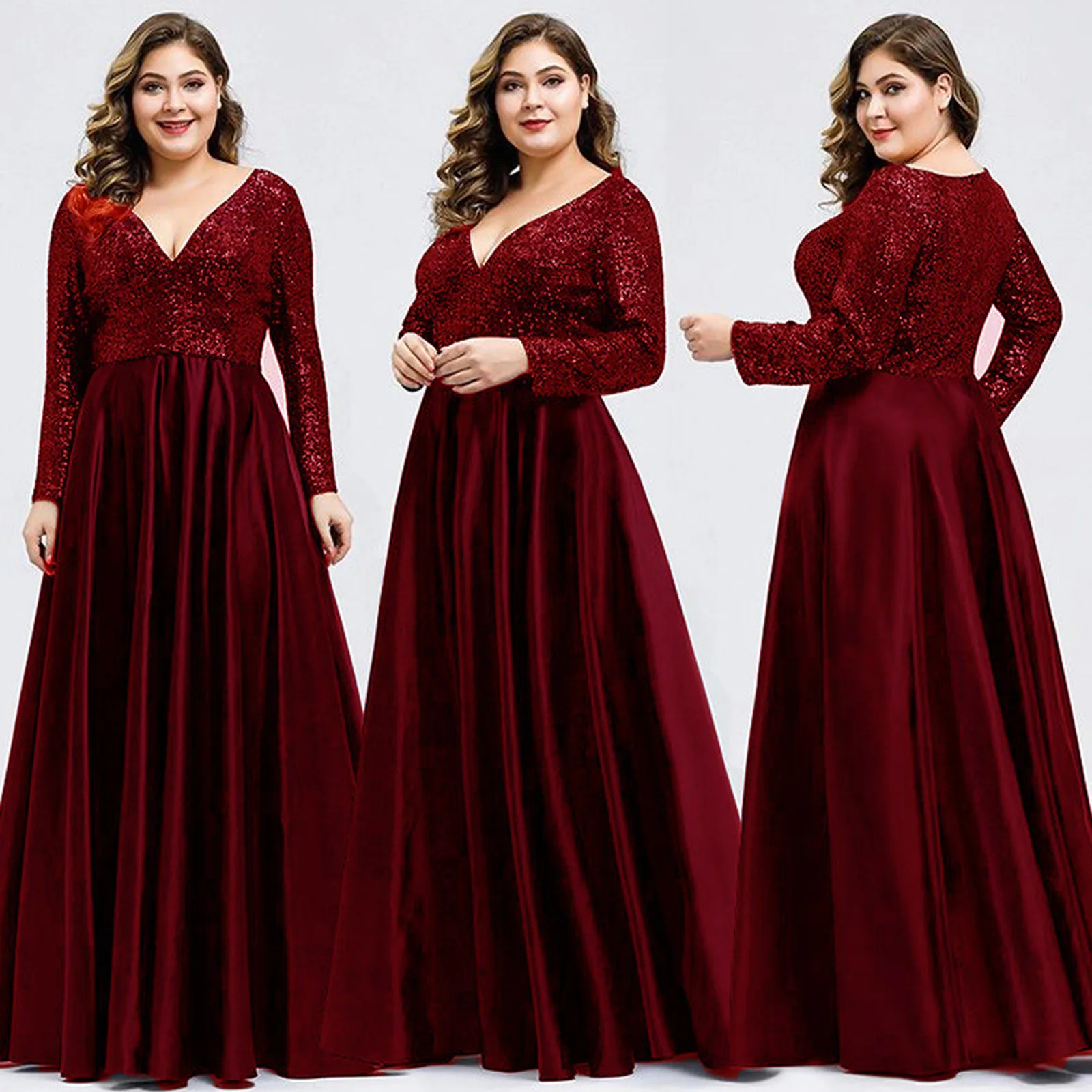 

Plus Size Dresses For Curvy Women Long Sleeve V Neck Floor Length Patchwork Glitter Sparkly Sequin Sundress Party Evening Dress