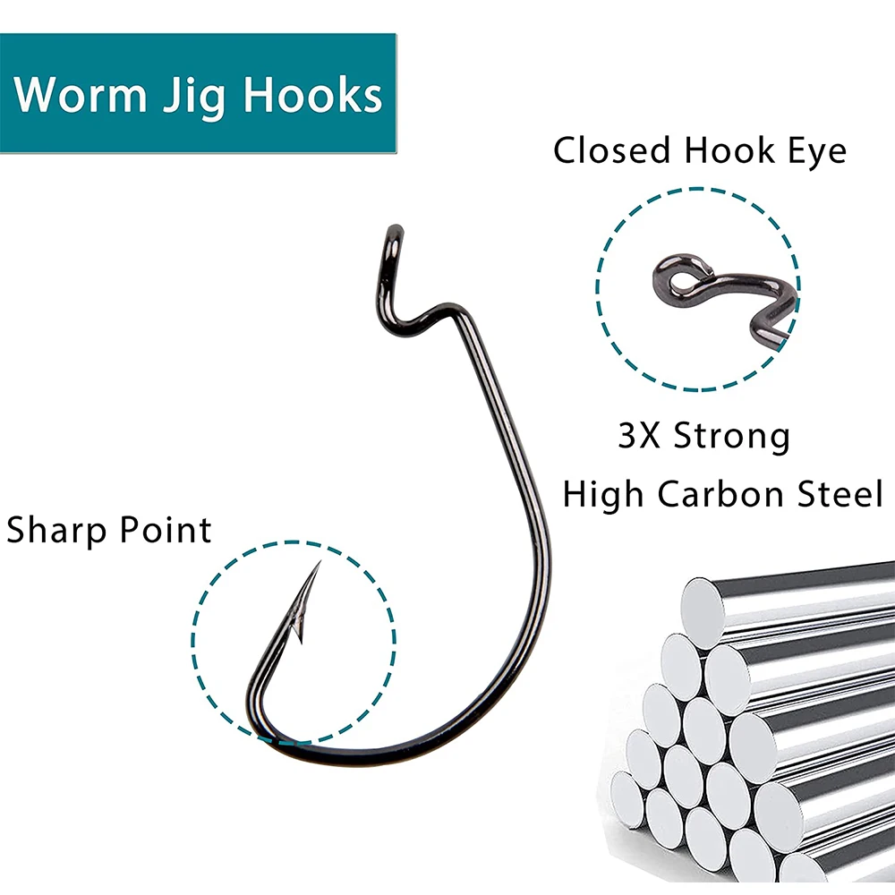 50Pcs/Box Worm Hooks for Bass Fishing Offset Jig Fishing Hooks High Carbon  Steel Fish Hook for Soft Baits Texas Rig Carolina Rig