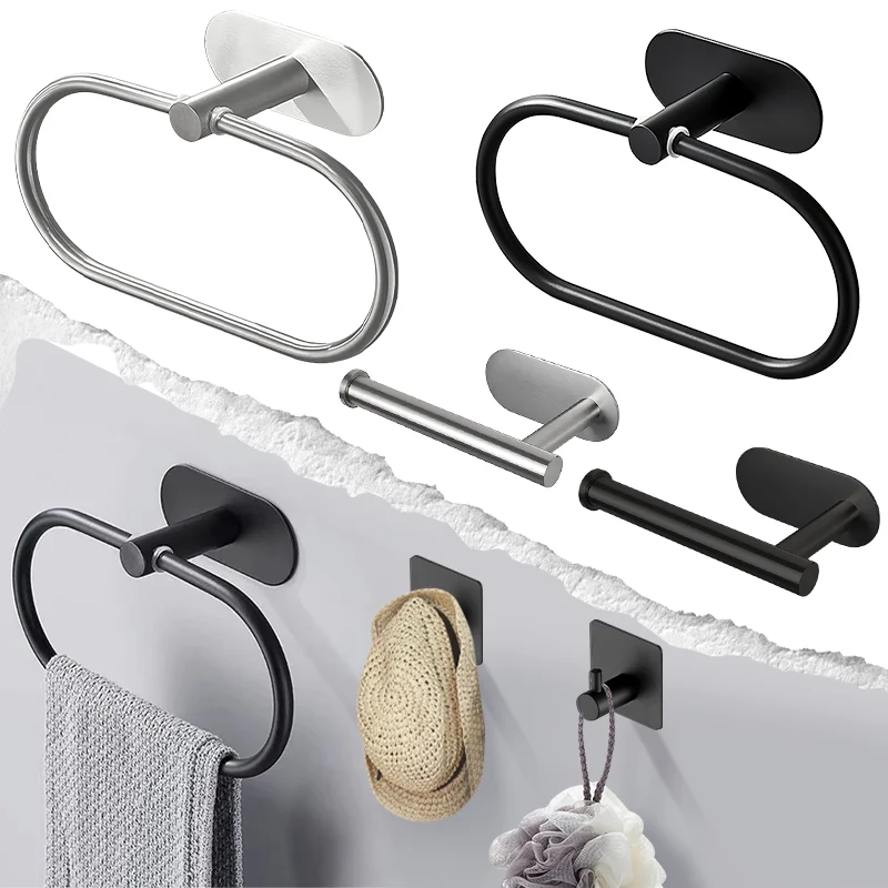 Stainless Steel Towel Holder Black Silver Toilet Roll Holder Waterproof Rust-proof Kitchen Bathroom Towels Rack Without Drilling Towel Rack