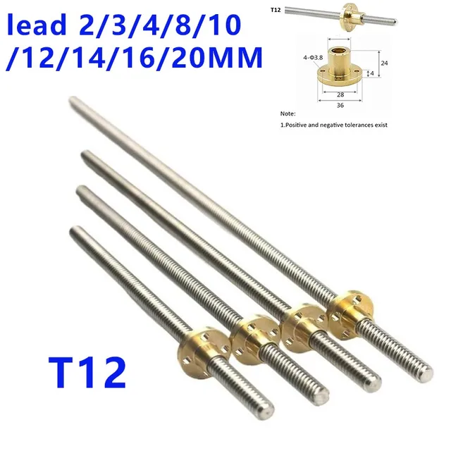304 สแตนเลส T12 สกรูตะกั่ว 12 มม.2 มม.4 มม.8 มม.10 มม.12 มม.14 มม.ความยาว 50 มม.ถึง 1000 มม.พร้อมอ่อนนุช CNC 3D เครื่องพิมพ์ 1