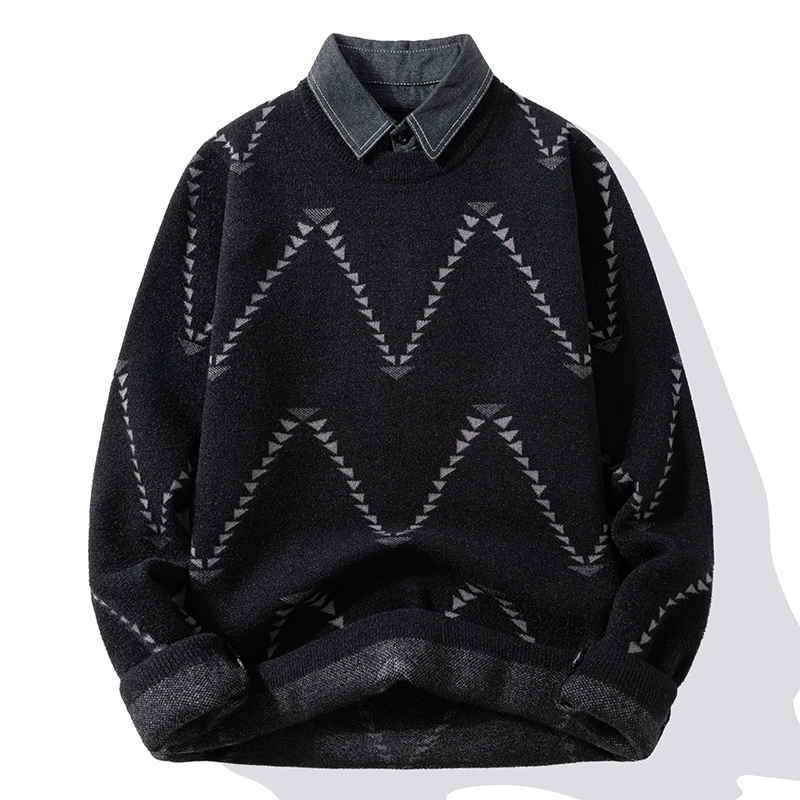 

Men's Long Sleeve Mock Two-Piece Knit Sweater - Stylish and Cozy Pullover