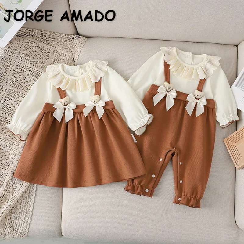 2022 Spring Family Matching Sister Clothes Long Sleeves Bow Patchwork Romper+Coffee Princess Dress Twins Cute Outfits E9165 |