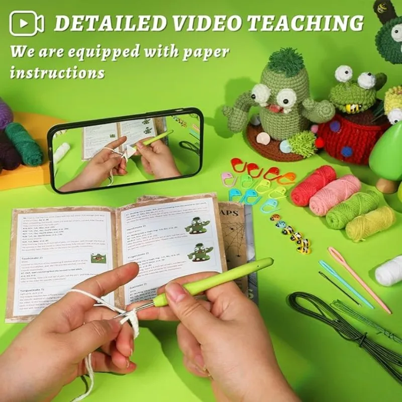 3PCS Monster Beginner Crochet Kit, Crochet Starter Kit, Kits with Video Tutorials Yarn Hooks for DIY Craft Gift