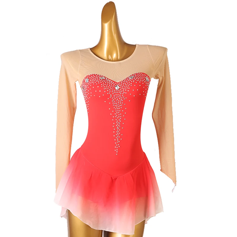 

Ballet Dance Dress Standard Gymnastic Competition Performance Costume Rhinestones Mesh Sleeves Ice Skating Clothes Stage Wear