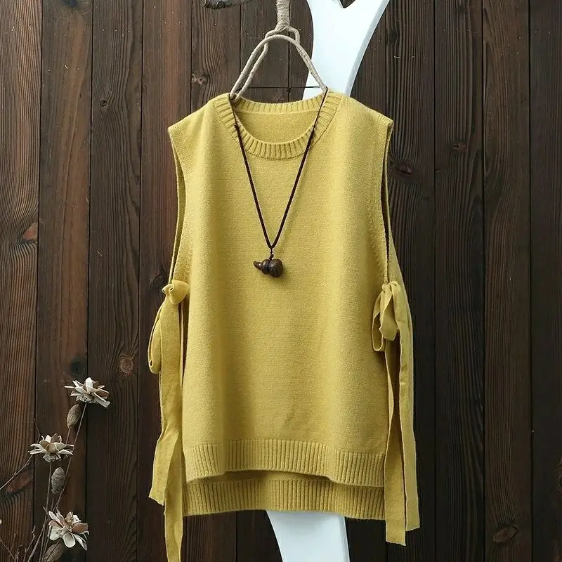 

Women Spring Casual Warm Lace Up Sweater Vest 2023 O Neck Solid Color Knitted Waistcoat Autumn Female Loose Sleeveless Pullover