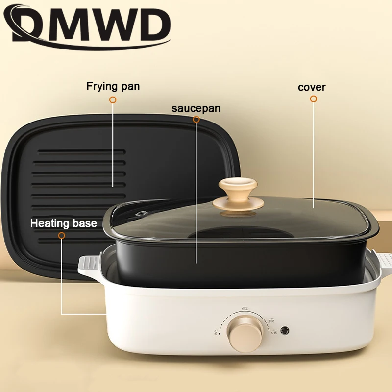 Split Electric Multifunction Hot Pot Cooker BBQ Barbecue Oven Grill Plate Non-stick Steak Frying Pan Food Noodle Cooking Skillet