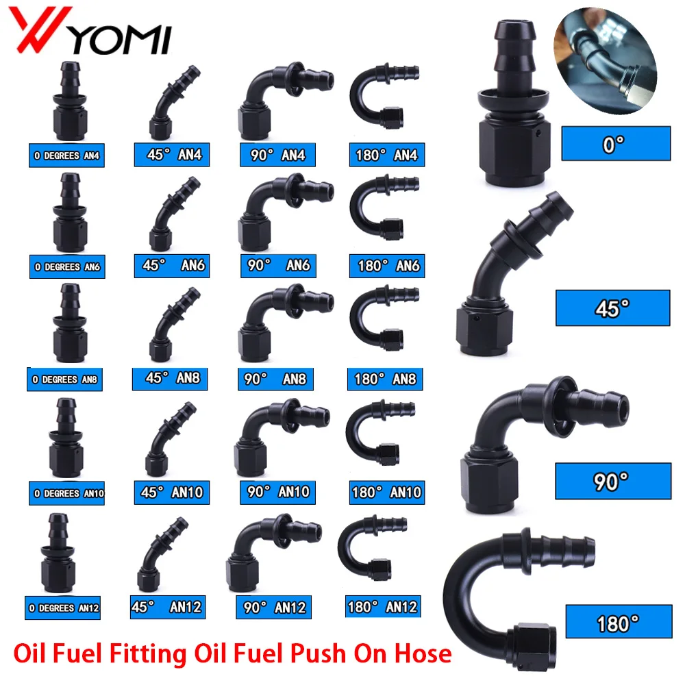 Uuiversal Aluminum AN4 AN6 AN8 AN10 Oil Fuel Fitting Oil Fuel Push On Hose Degree Rubber Tube Hose End