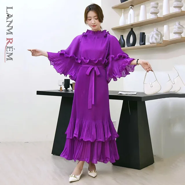 LANMREM Niche Ruffled Design Pleated Women's Dress 2025 New Temperament Patchwork Flare Sleeve Bandage Waist Dresses 2DB3777