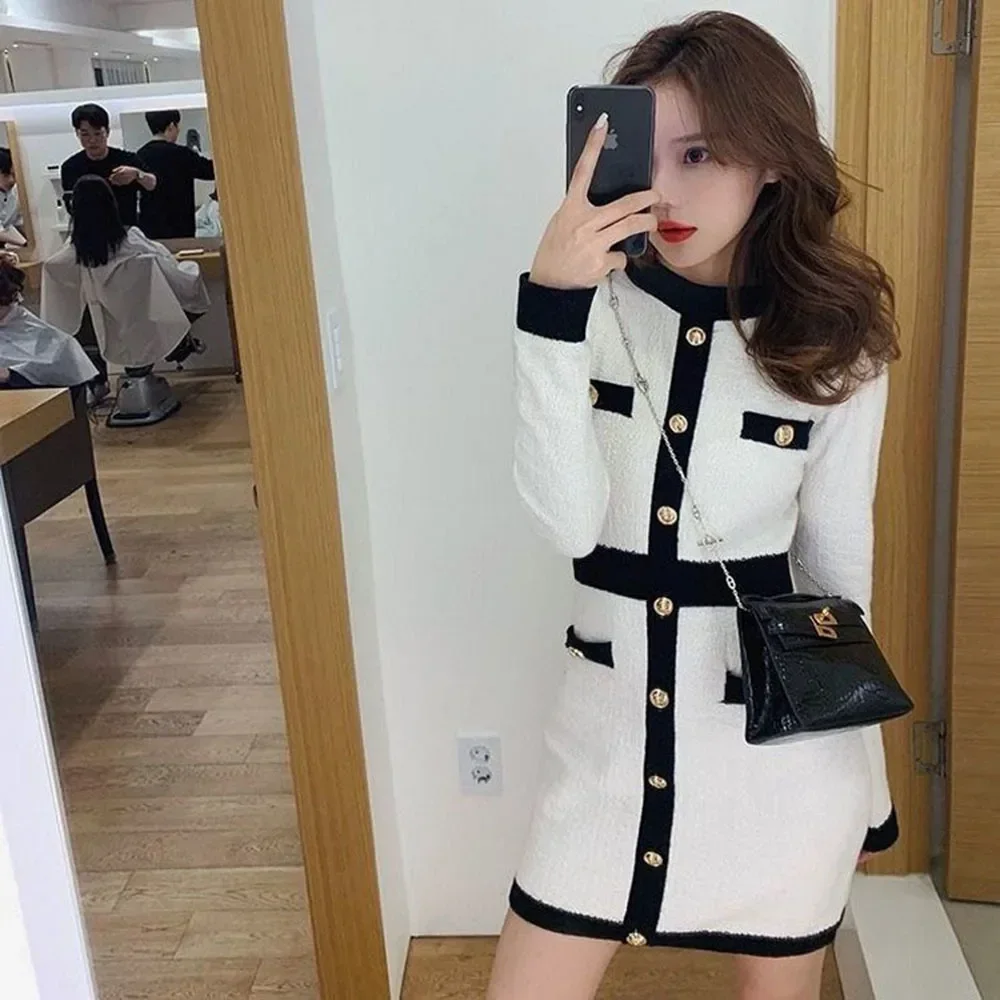 

2024 Fashion Korean Style Knitted Dress Winter White Black Women Knit Bodycon Dress Elegant Long Sleeve Dress Knitwear For Women