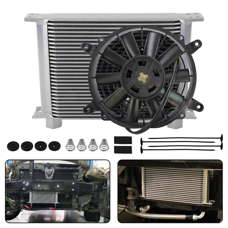 

Universal AN10 28 Row 248MM Engine Transmission Female 7/8-14 Oil Cooler + 7" Electric Fan Silver For Vw mk5