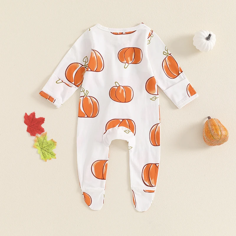 Baby Girls Boys Footies Rompers Halloween Clothes Pumpkin Print Long Sleeve Toddler Fall Bodysuits