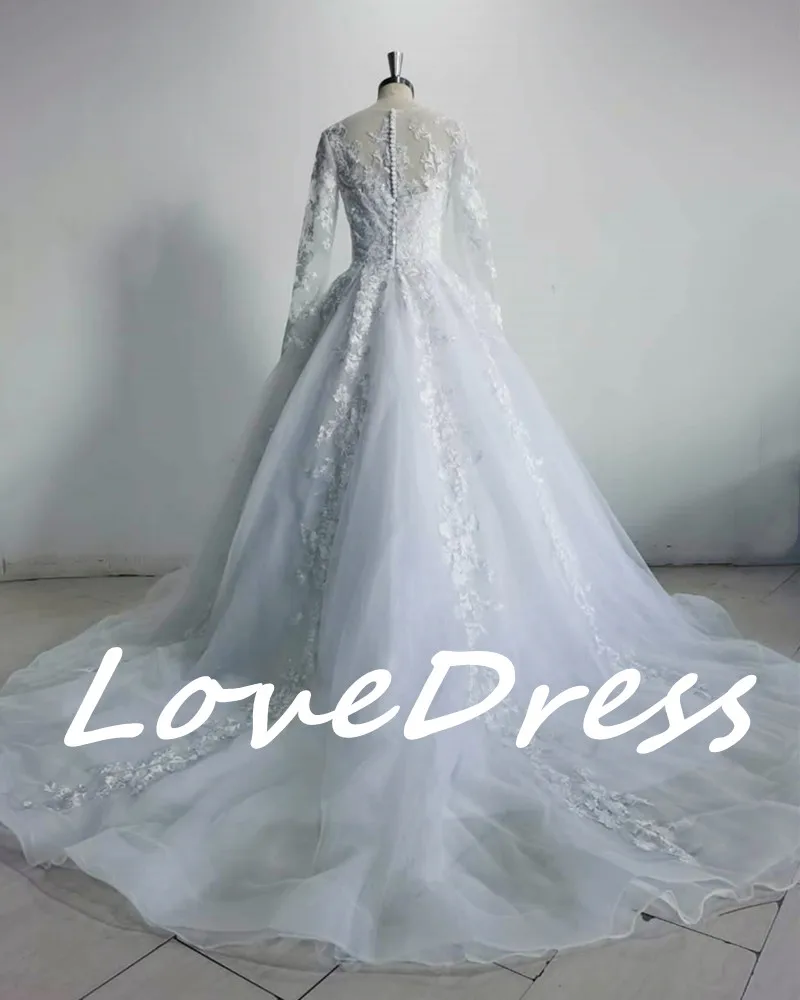 Customized Luxury Pink Long Sleeve Wedding Dress Ball Gown Lace Appliques O-Neck Button Royal Train Bride Gowns Vestido Princess 6