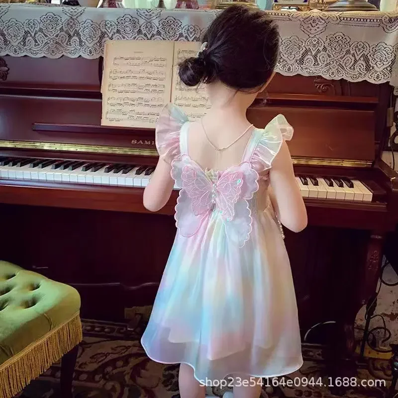 فستان أميرة للبنات من 1-8 سنوات مزين بالدانتيل والزهور مع طباعة كاملة وفيونكة كبيرة وزخارف لؤلؤية لحفلات الأطفال