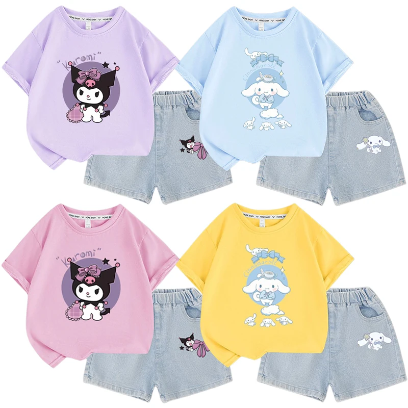 

Sanrios аниме мультфильм Cinnamoroll Kuromi детская одежда с коротким рукавом джинсовые шорты для девочек летние топы Футболка с коротким рукавом