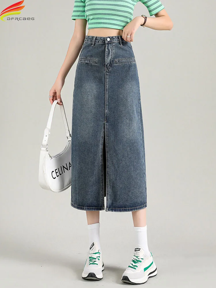 

DFRCAEG 2022 Summer Denim Skirt For Women High Waisted Front Split Long Jean Skirts Korean Fashion A Line Jupe Longue Femme