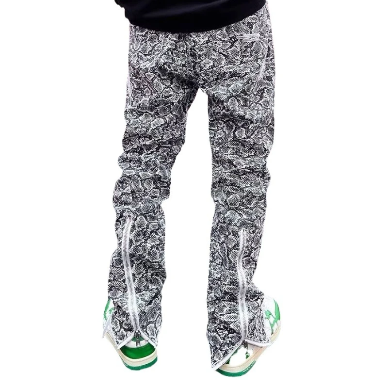 OIMG Y2K Streetwear Snake Graphic Baggy Zipper Ripped Jeans Pants For Men Clothing Straight Cotton Long Trousers Pantalon Homme
