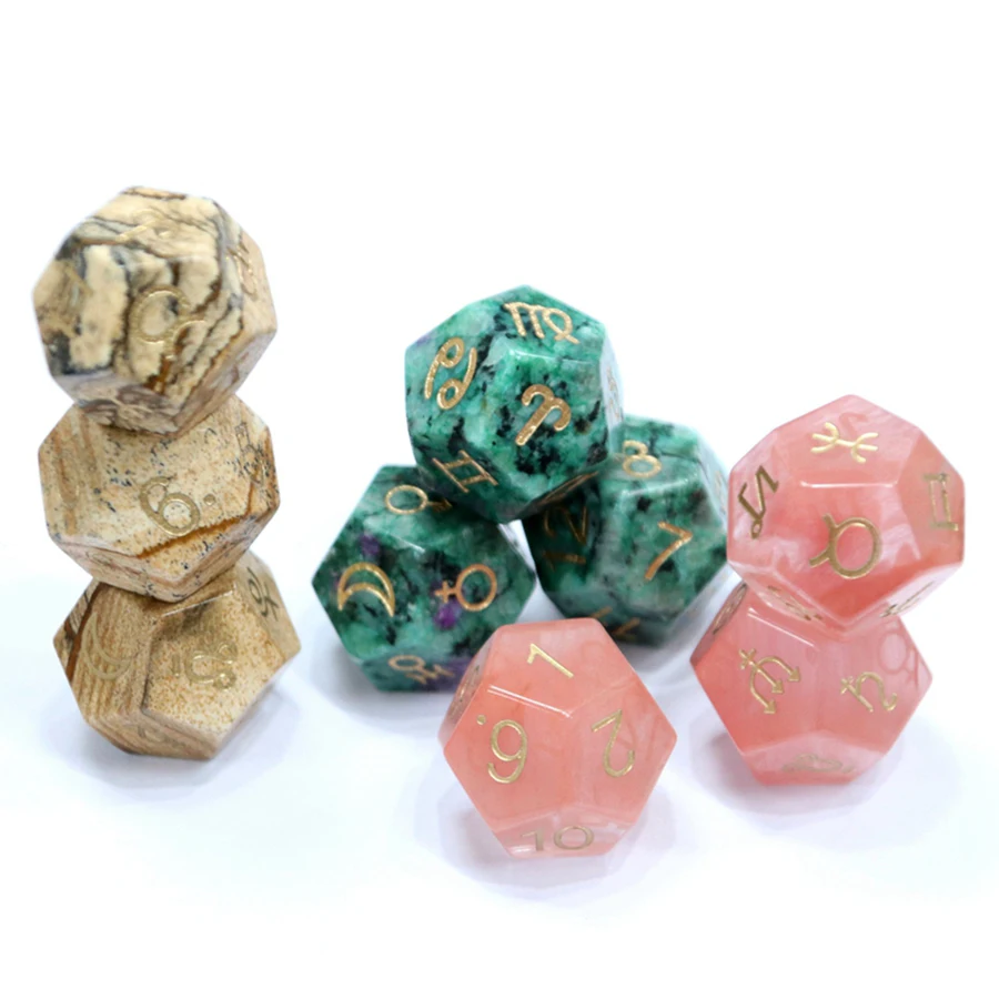 Natural Crystal Gemstone 12 Side Astrology Jewelry Carve 12 Constellations Symbol 3 Pcs Divination Polyhedral Custom Stone Dice