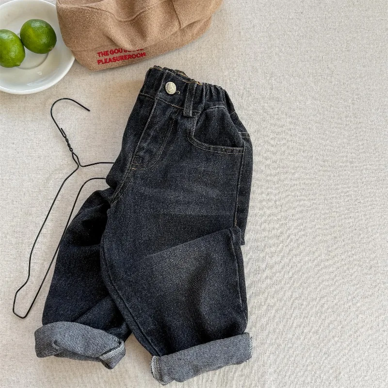 2026 새로운 소년 소녀 한국 스타일 청바지 봄 가을 탄성 허리 블루 블랙 데님 바지 하렘 바지 아동 의류 A6505