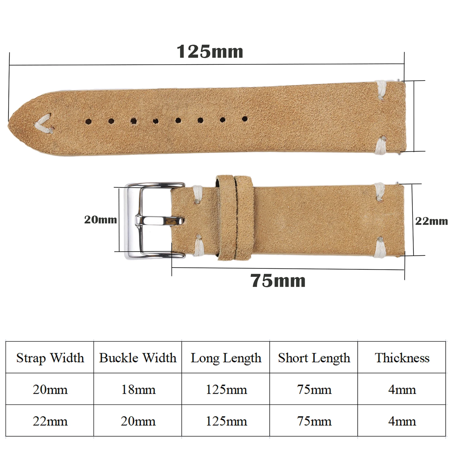 Vintage-Style Suede Leather Watch Strap with Handmade Stitching