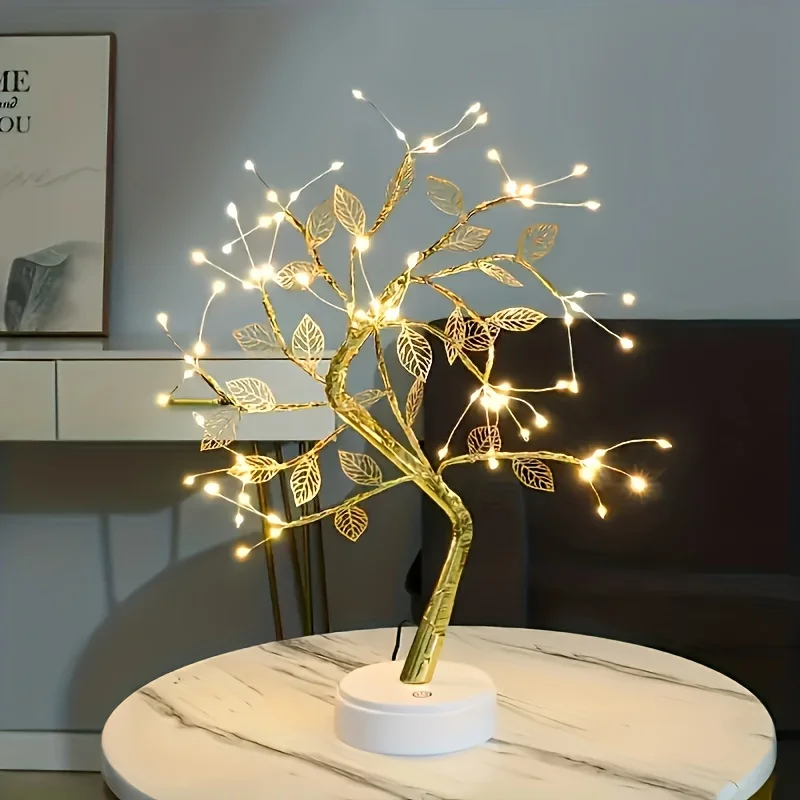72 LED Night Light Golden Leaf Tree Lamp DIY Table Lamp USB Or AA Battery Operated for Bedroom Christmas Holiday Room Decor