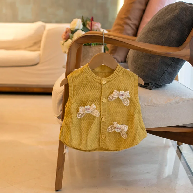 Autumn Baby Girls Knit Vest Sweet Lace Bow Waistcoat