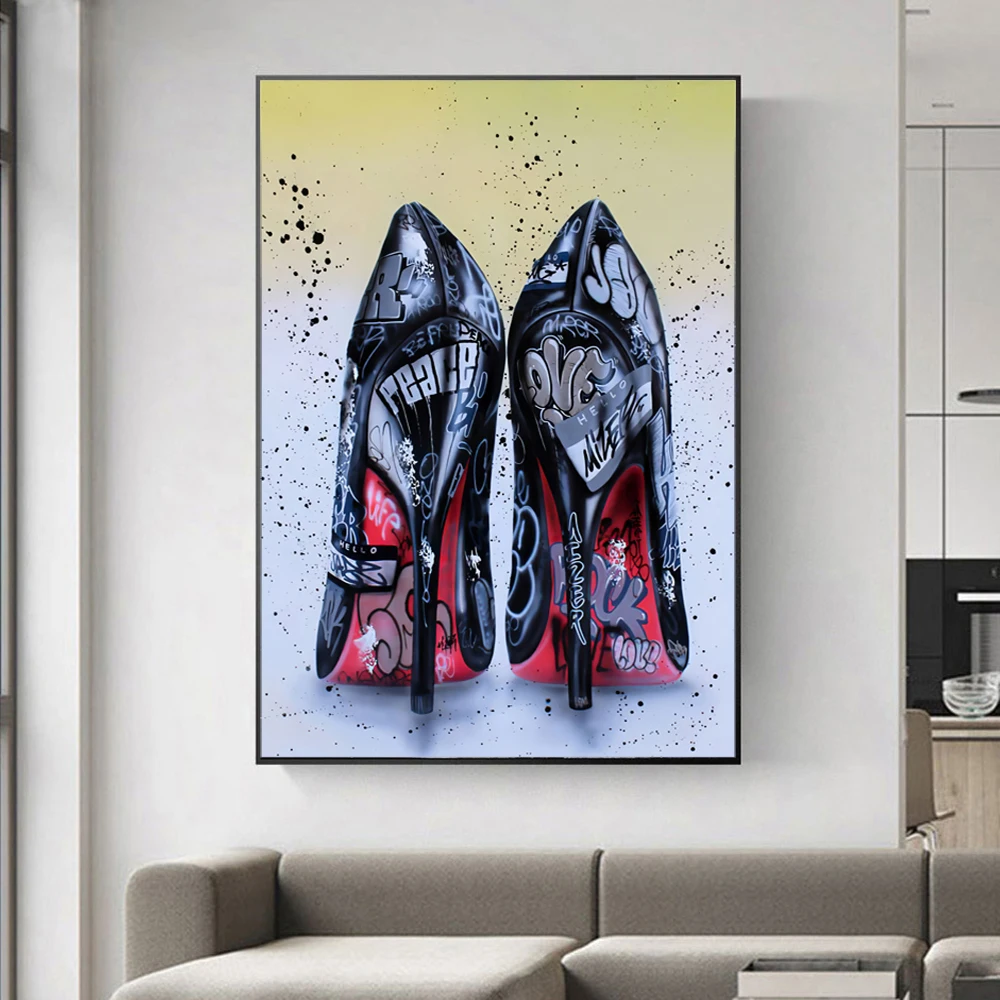 

Women High Heels Fashion Paintings Print On Canvas Graffiti Black Shoes Art Poster Modern Wall Pictures For Bedroom Girls Gift