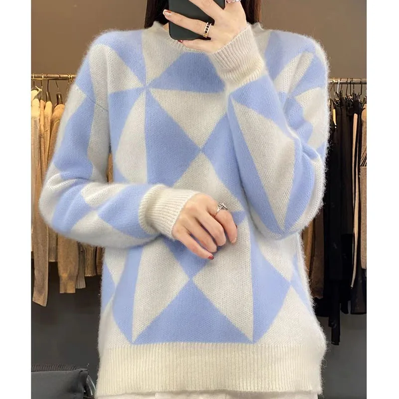 

New Autumn/Winter Fashion Korean Edition Patchwork Colorblock Thickened Large Loose Versatile Western Women's Knitted Sweater