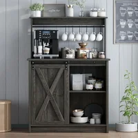Farmhouse Coffee Bar Cabinet with Sliding Barn Door,  Farmhouse Coffee Bar with 6 Hooks, Coffee Bar with Hutch for Living 1