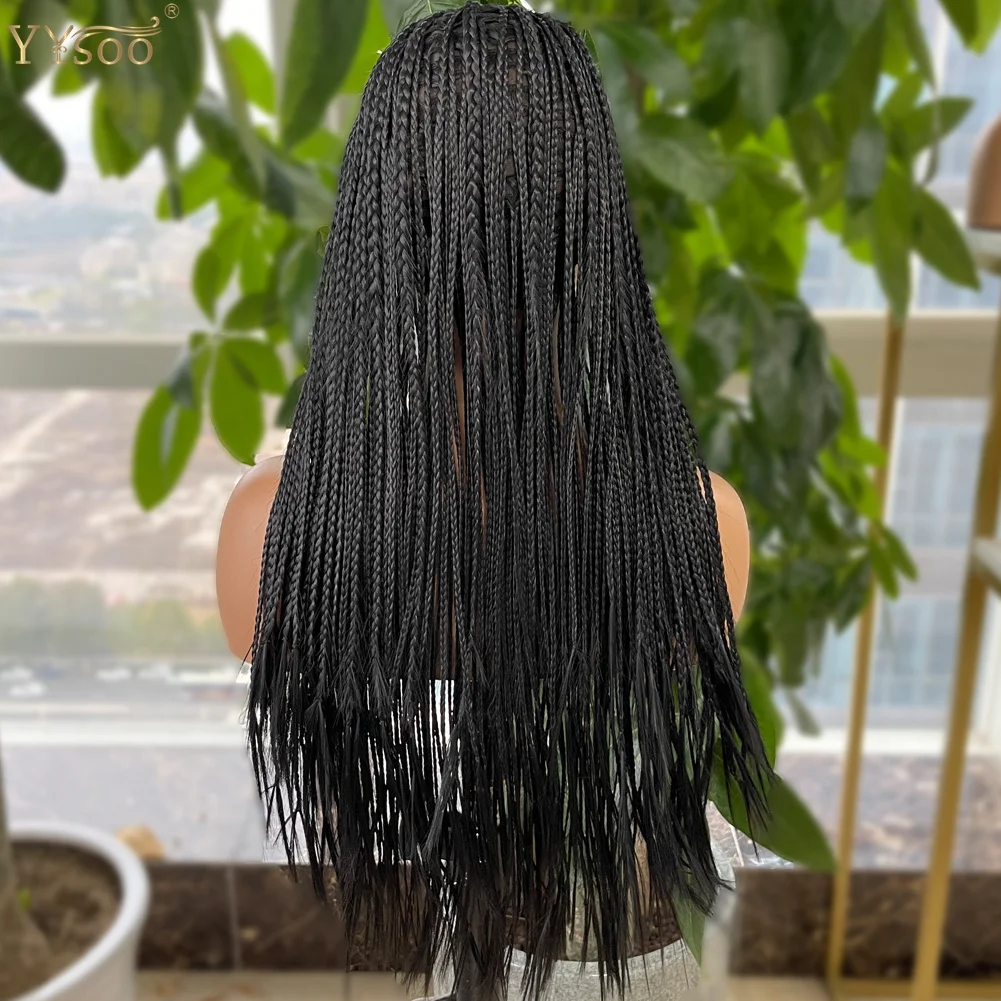 Long Black Color 13x6 Micro Braided Synthetic Lace Front Wigs for Black Women Middle Part Half Hand Tied Box Braided Wig