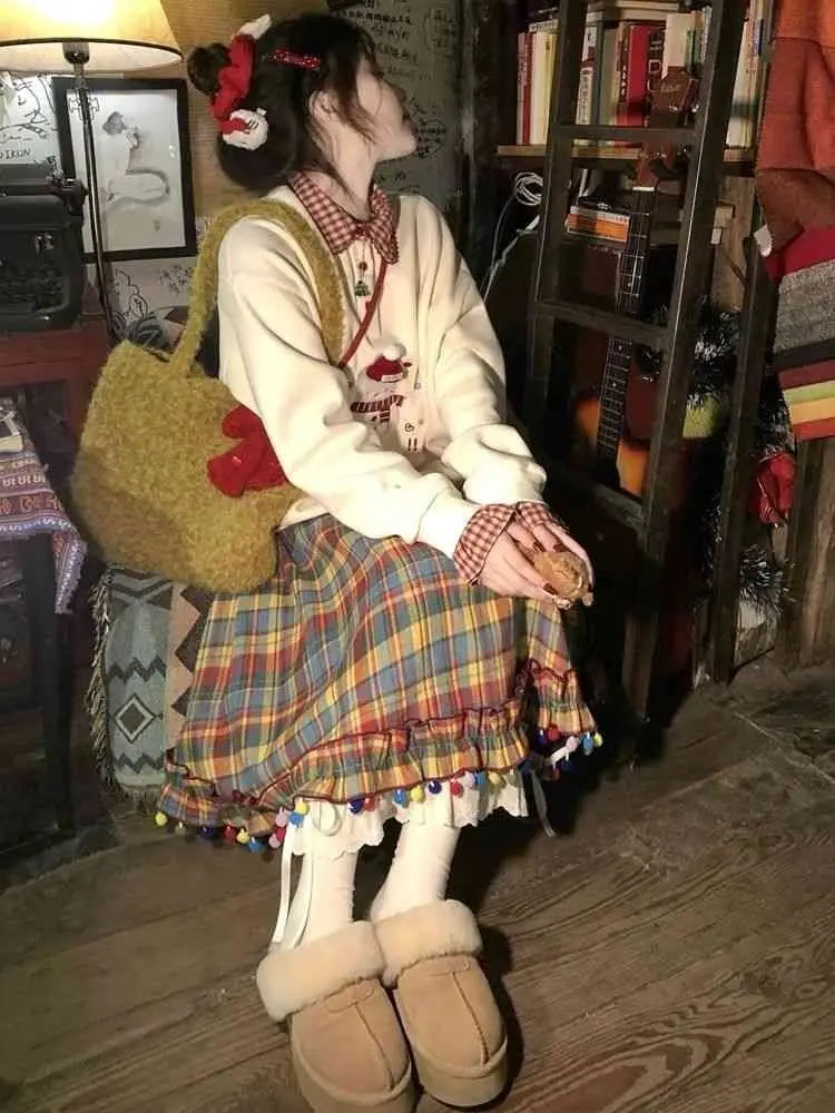 Rainbow candy bean plaid retro salt series colorful plaid pleated skirt autumn and winter half lace cute skirt