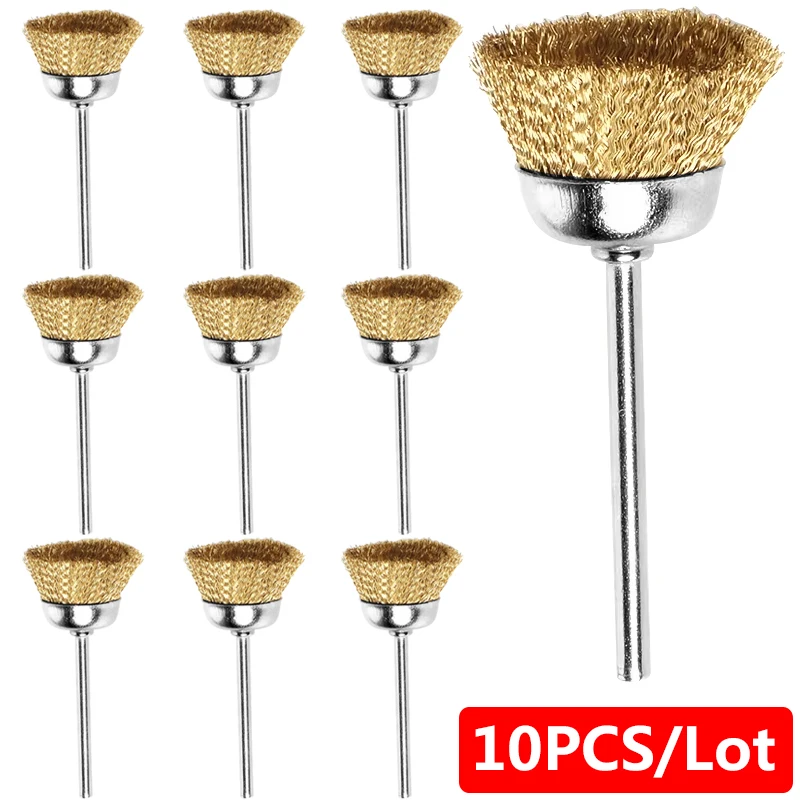 10 unids/lote cepillo de rueda de pulido cepillo de alambre de vástago de 3mm para limpieza de superficies de Metal pulido accesorios de herramientas rotativas Dremel