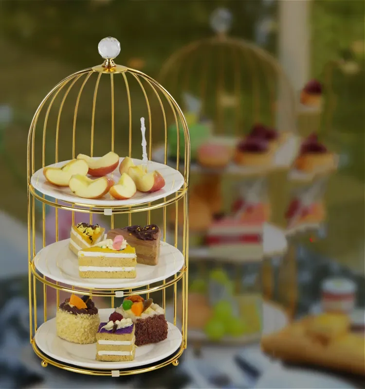 Birdcage Double Layer Cake Stand Wrought Iron Display Stand Ceramics Three-tier Fruit Tray Afternoon Tea Dessert Decorative Rack