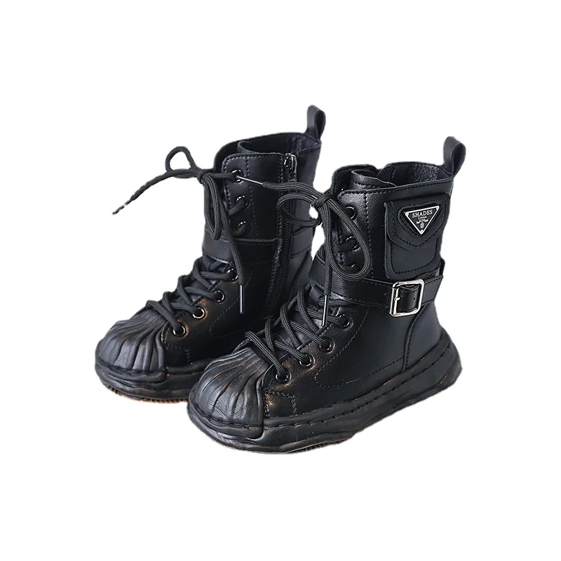 

New Kids Fashion Leather Warm Cotton Ankle Boots Students Military Training Shoes Boys Girls Trend High Top Sneakers