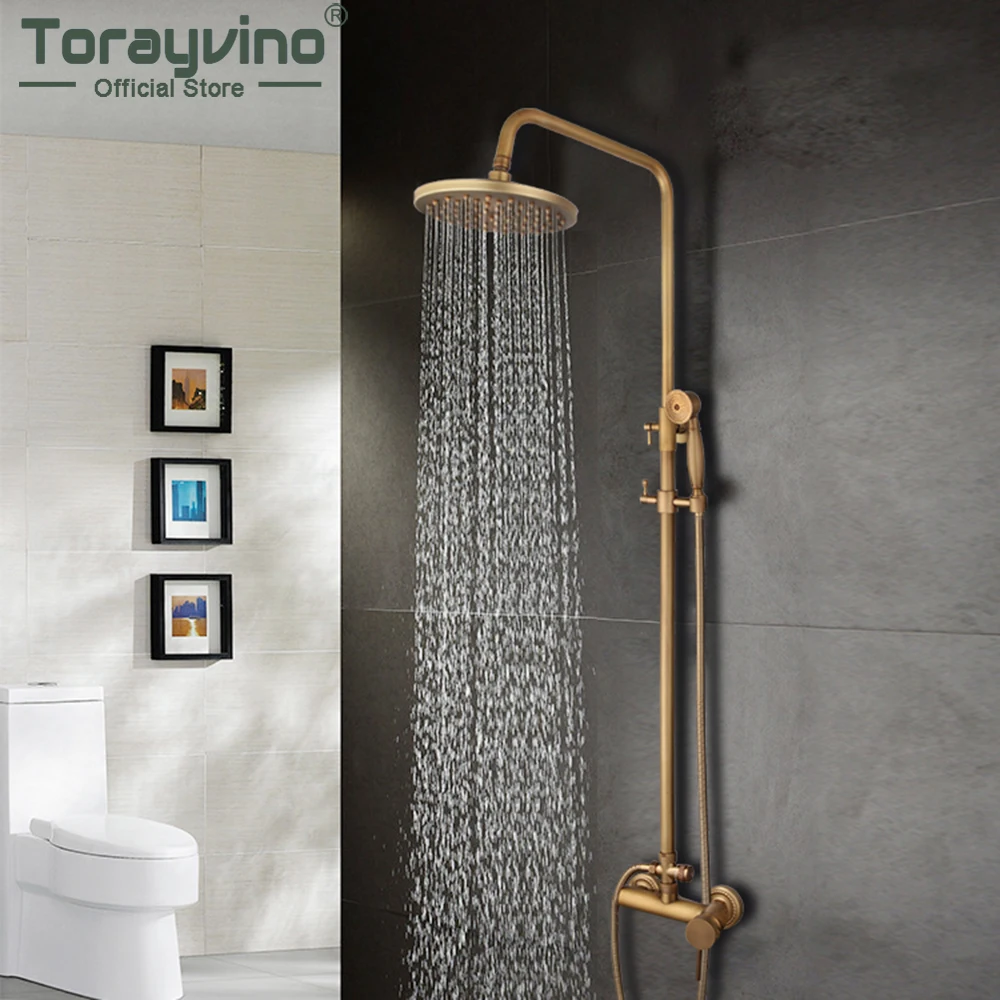 

Torayvino 8" Showerhead Bathroom Faucet Antique Brass Waterfall Shower Set Mixers Tap Wall Mounted Rainfall Shower Faucet