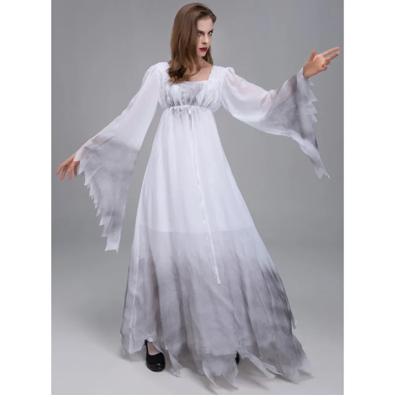 Halloween Ghost Zombie Girl Costume Scary Zombie Outsuit Vampire Bride Cosplay Dresses White Squre Collar Flare Sleeve Vestidos