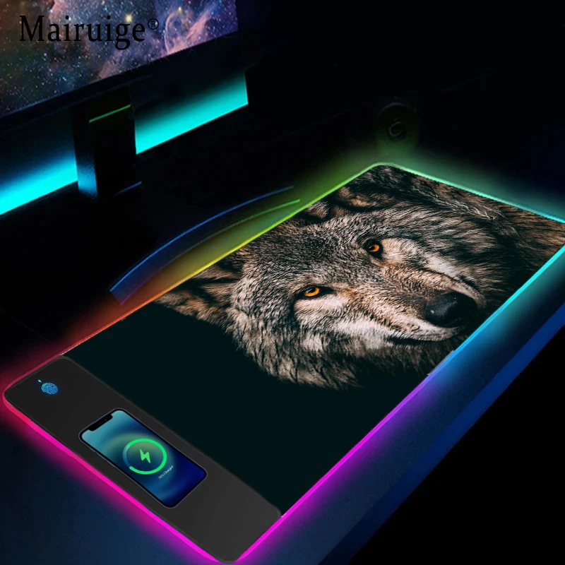 Airuige-carregamento sem Fio Lobo Cinza Grande Mouse Pad Gaming Mats Escritório Gamer Rug Deskmat Acessórios Mesa do Computador Gamer Setup