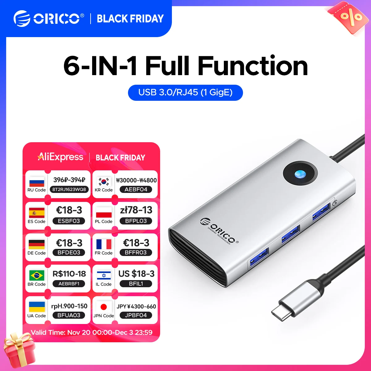 ORICO Stacja dokująca typu C HUB do 4K60Hz HDMI kompatybilny z USB 3.0 Adapter RJ45 PD100W Ładowanie do Macbook Pro Akcesoria do laptopów