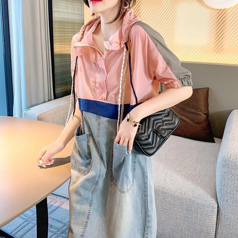 

Summer Fashion Patchwork Dresses Female Clothing Casual Pockets Patchwork Short Sleeve Korean Straight Hooded Zipper Midi Dress