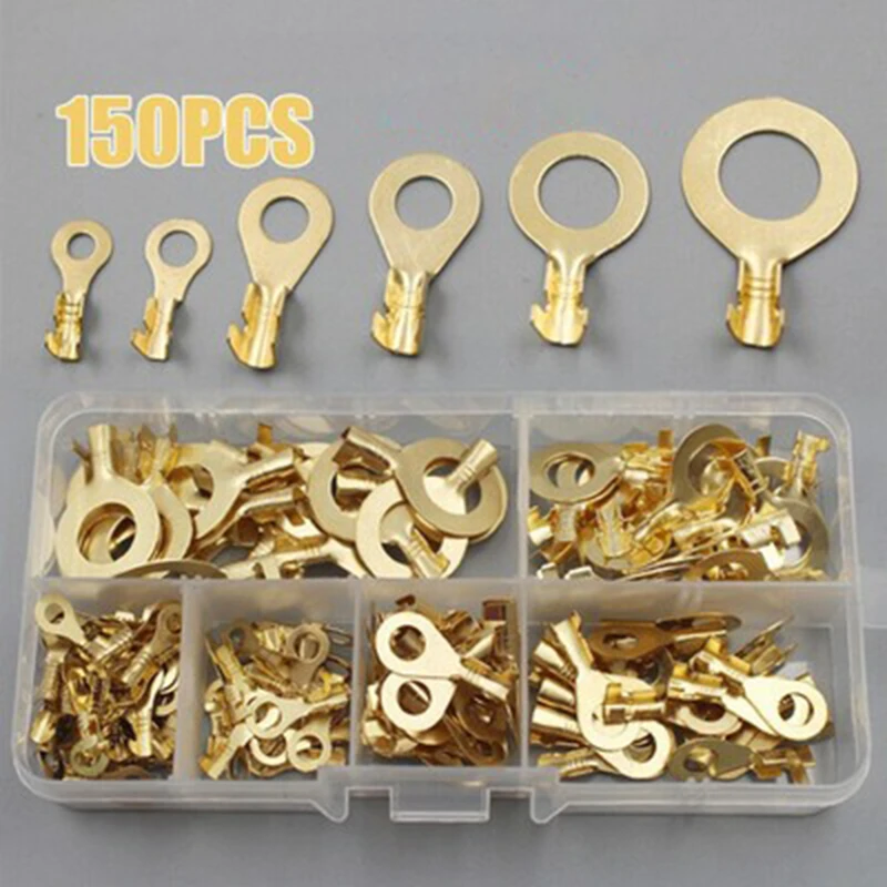 150pcs M3 M4 M5 M6 M8 M10 Ring Lugs Ring Eyes Copper Crimp Terminals Cable Lug Wire Connector Non-insulated Assortment Kit