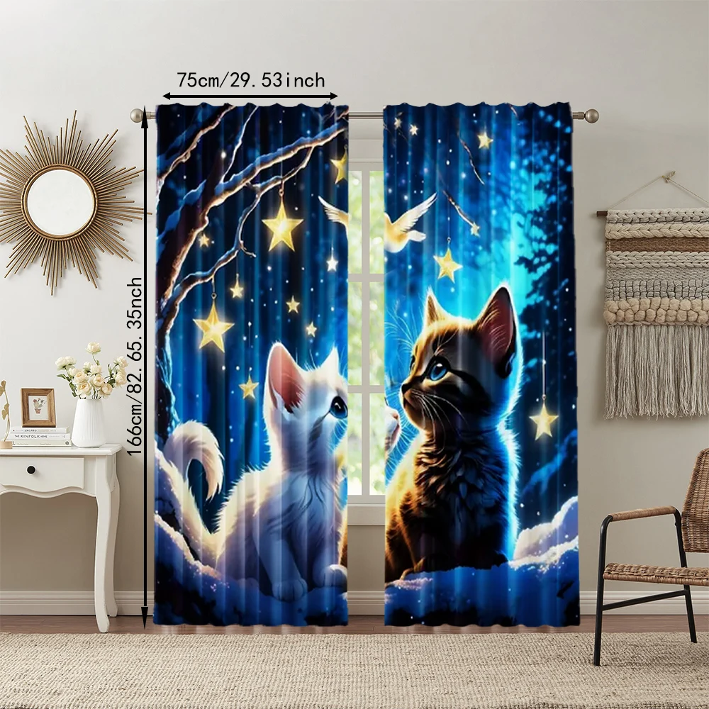 2Pcs Adorable Cat And Star Print Polyester Window Curtains Rod Pocket Design For Easy Hanging Home Decor Perfect For Bedroom 3