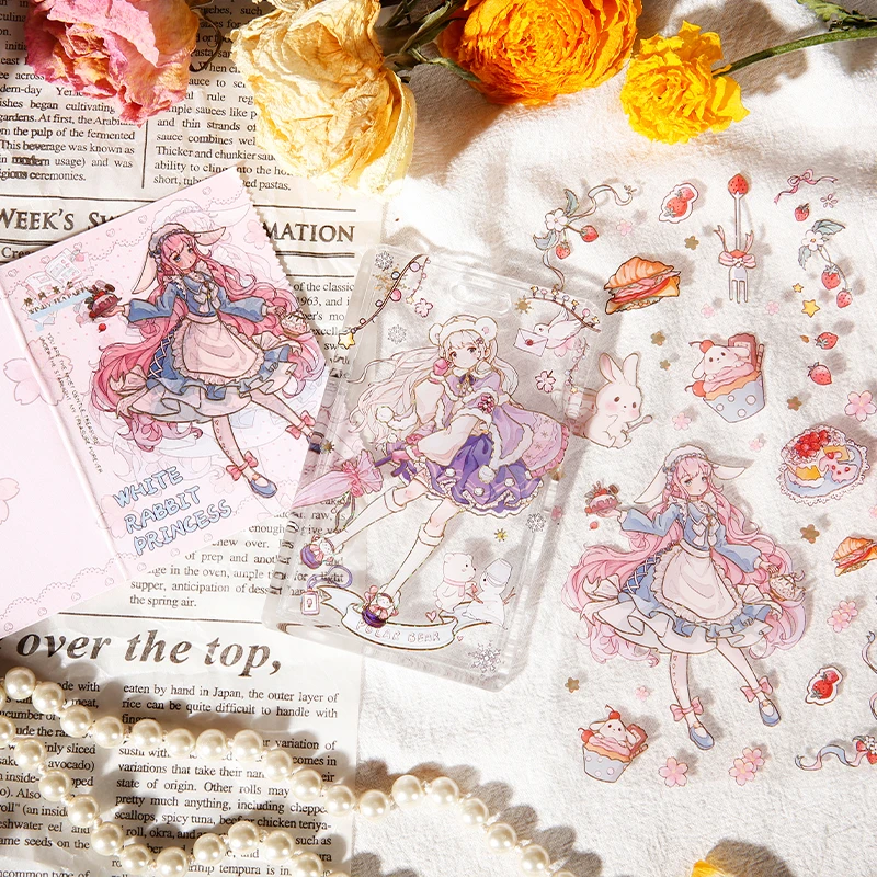 

2Sheet PET Paper Note Tea Party Pink Cartoon Material Collage Decoration Wind Handbook Backing Scrapbooking 210*90MM