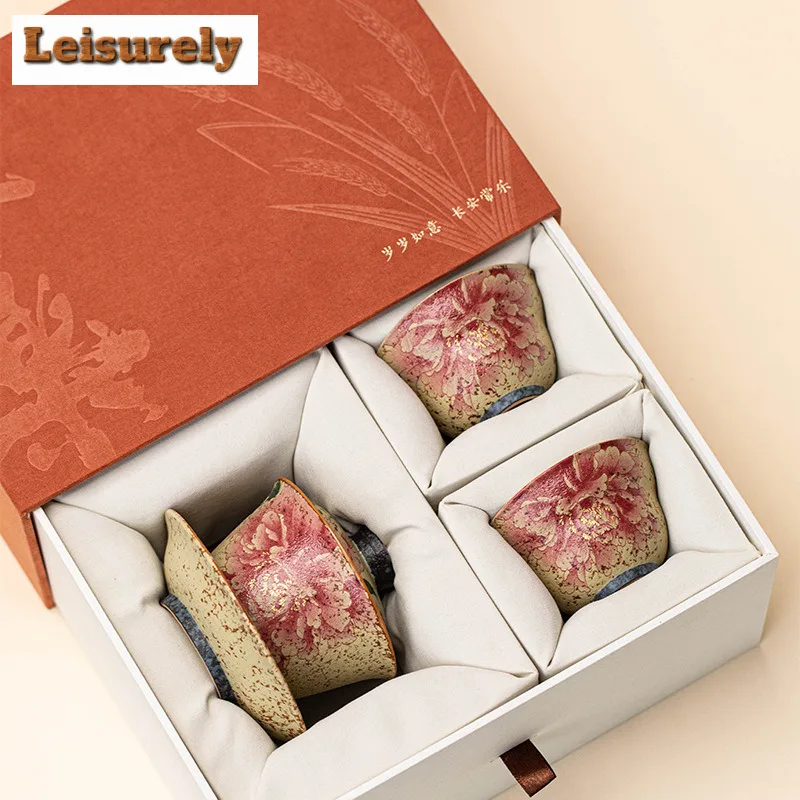 Chinese Firestone Red Peony Tea Set Complete Set Vintage Tea Ceremony Set Household Teapot and Tea Cup Set Tableware Decoration