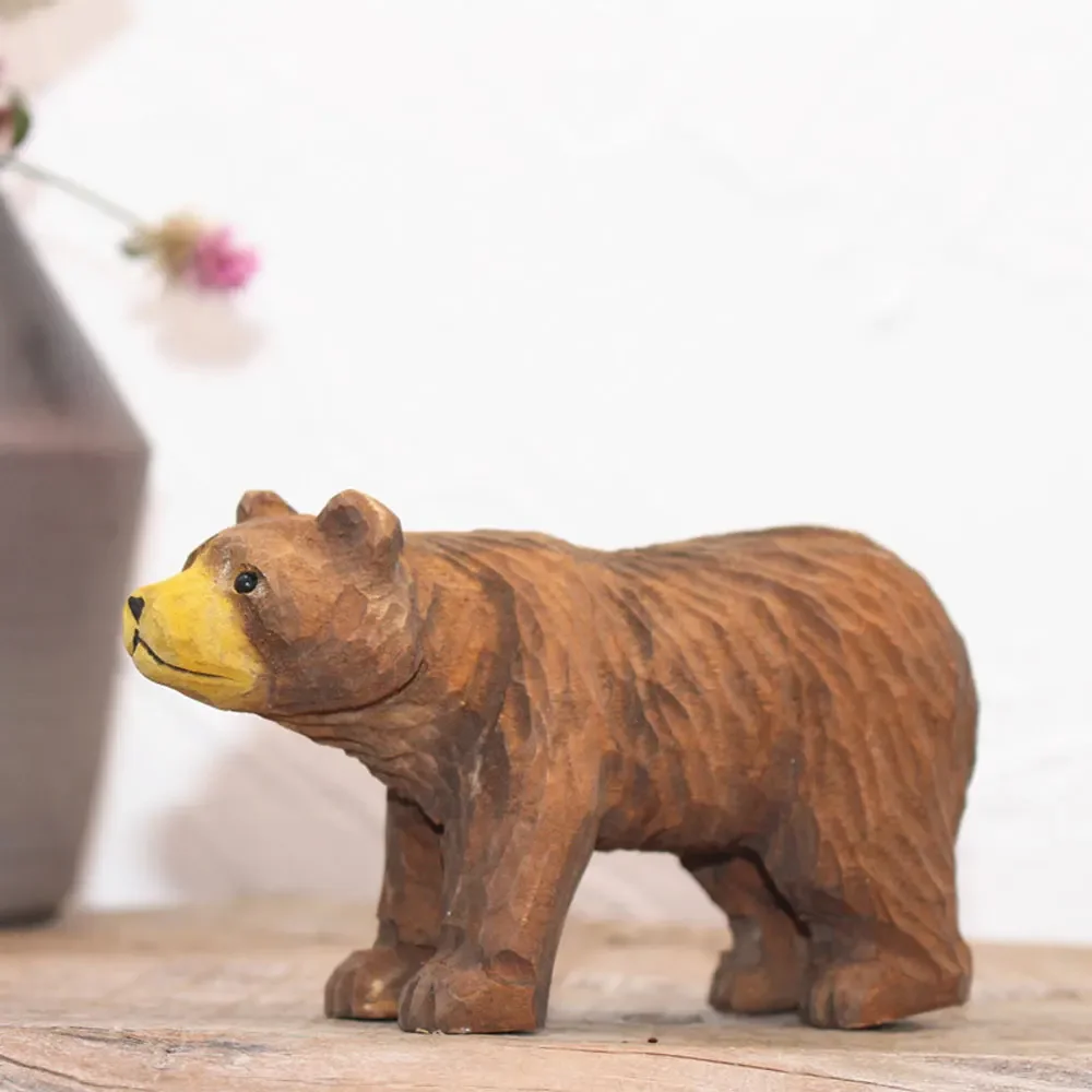 1PC Wooden Animal Ornaments Hand-carved DIY Brown Bear Home Table Decoration Crafts Animal Model Children's Gifts
