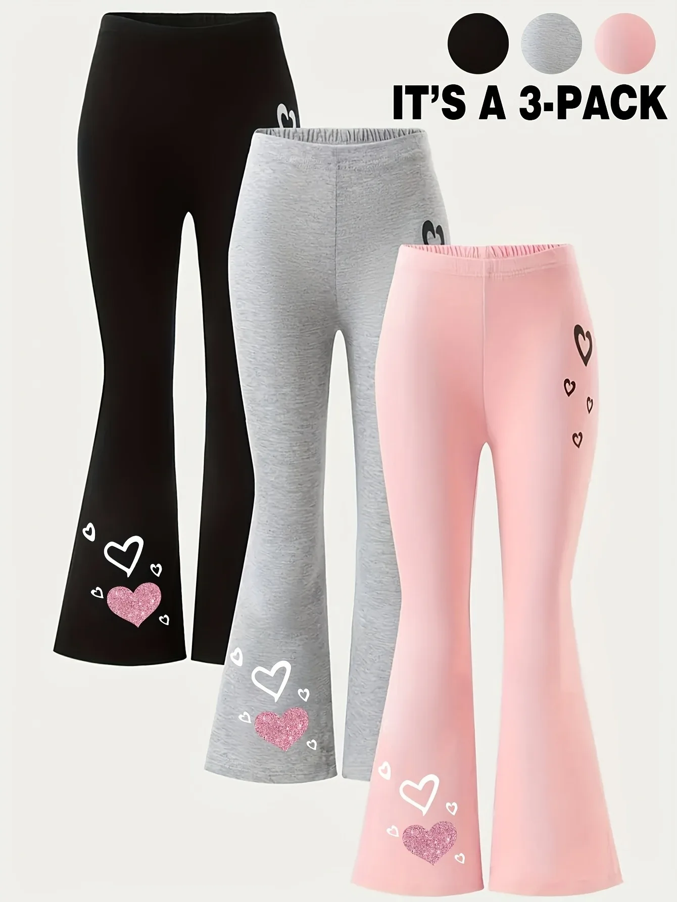 3er-Pack Glitzer-Herz-Print Schlaghosen für Mädchen mit elastischem Bund, lässige Alltags- und Schulkleidung, Bell Bottoms