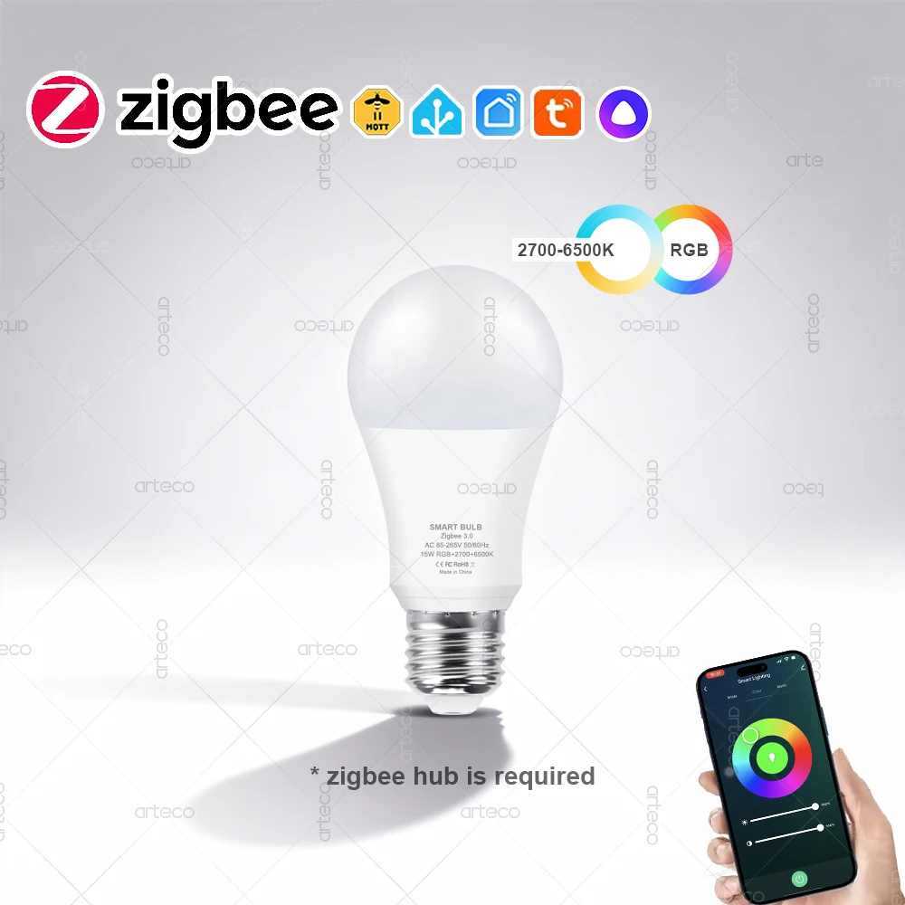 Żarówki LED Tuya E27 Zigbee, ściemnialne, inteligentne, 2700-6500K RGB, 15W, 18W, kompatybilne z Alexa Echo Yandex Alice Z2MQTT