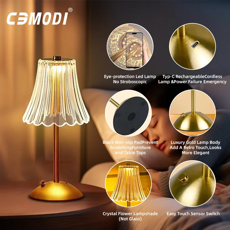 Table Lamp Crystal LED Table Lamp Rechargeable Touch Control 3 Color Dimmable Night Light for Bedroom USB Desk Lamp Bedside Reading
