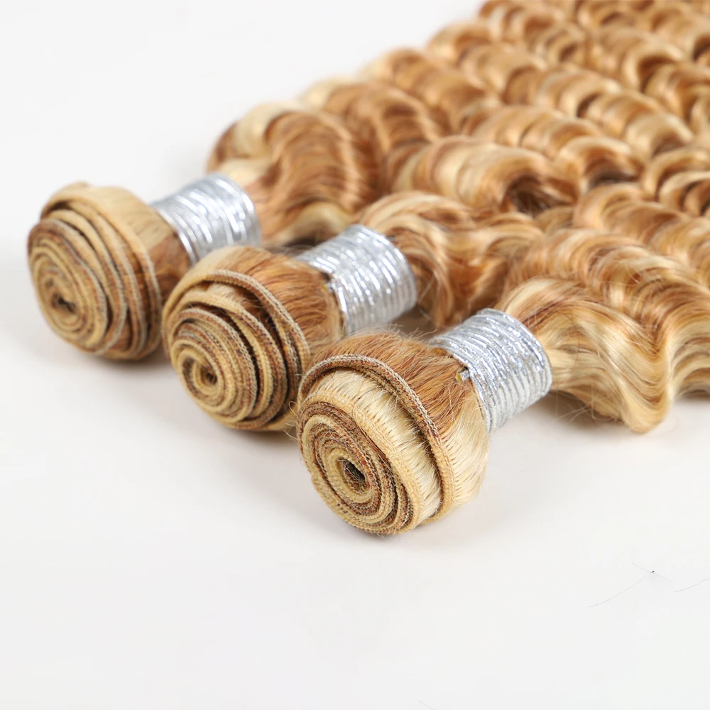 P27/613 Deep Wave Bundles Human Hair Unprocessed Brazilian Virgin Weave Hair 100% Human Hair Extensions Honey Blonde 3 Bundles 4